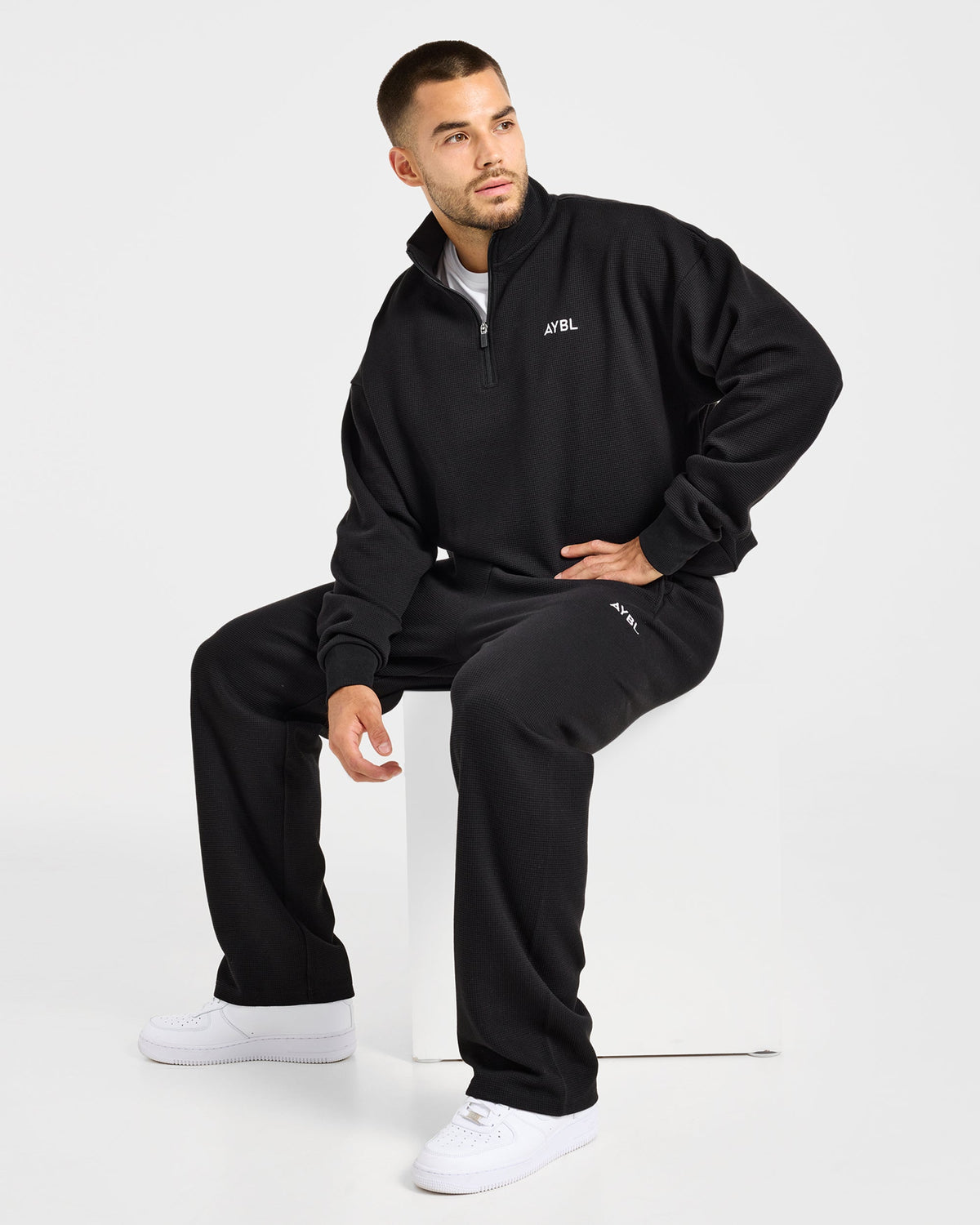 Waffle Oversized Straight Leg Joggers - Black