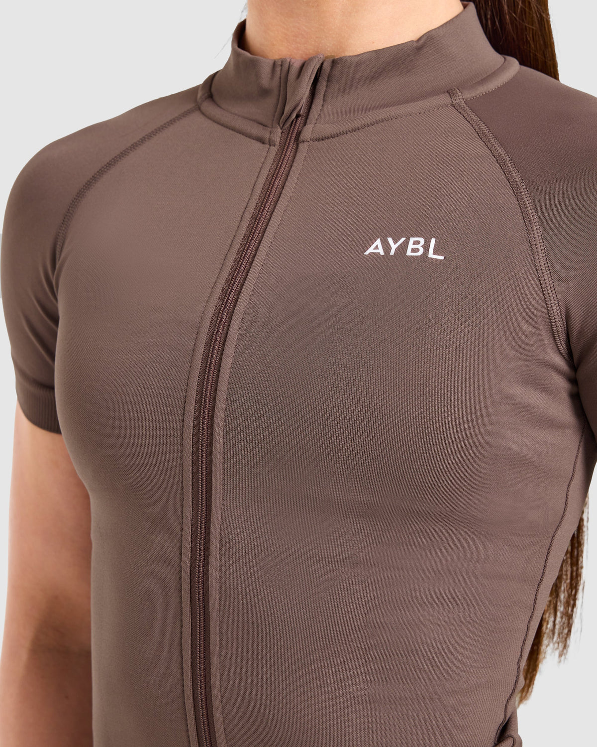 Enhance Seamless Short Sleeve Zip Up Jacket - Brown