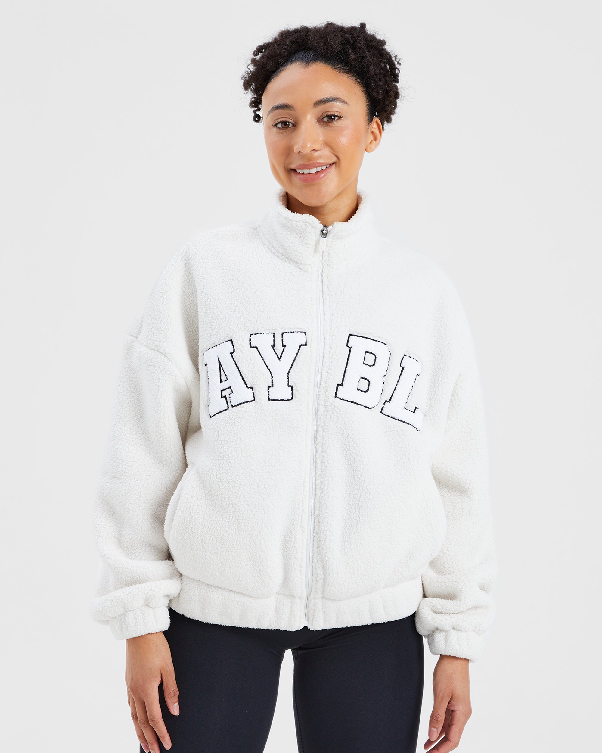 Varsity Oversized Fleece Zip Up Jacket - Cream