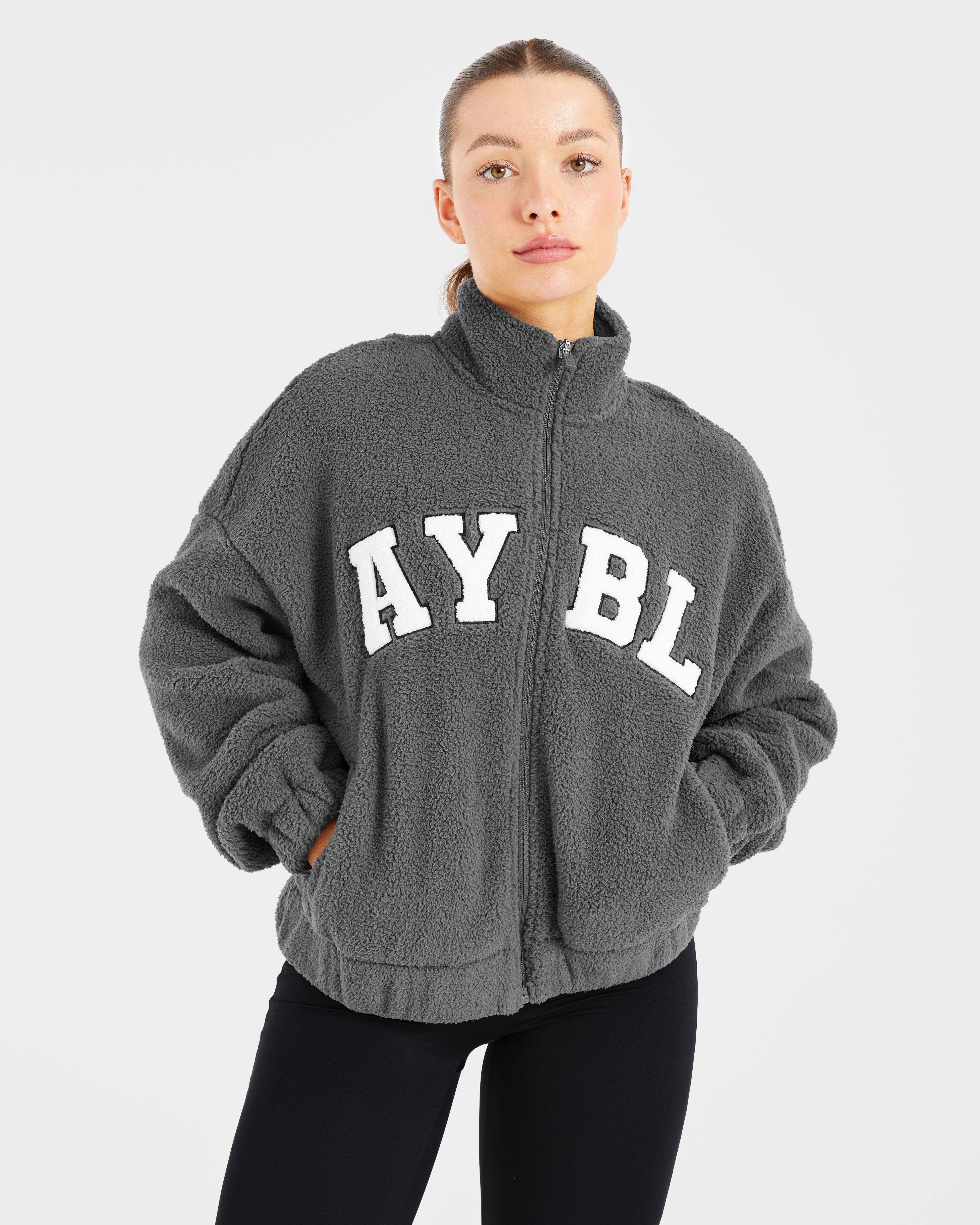 ジャケット citybreeze Wool Duffel Varsity Jumper_BLACK Varsity Oversized Fleece Zip Up Jacket - Black