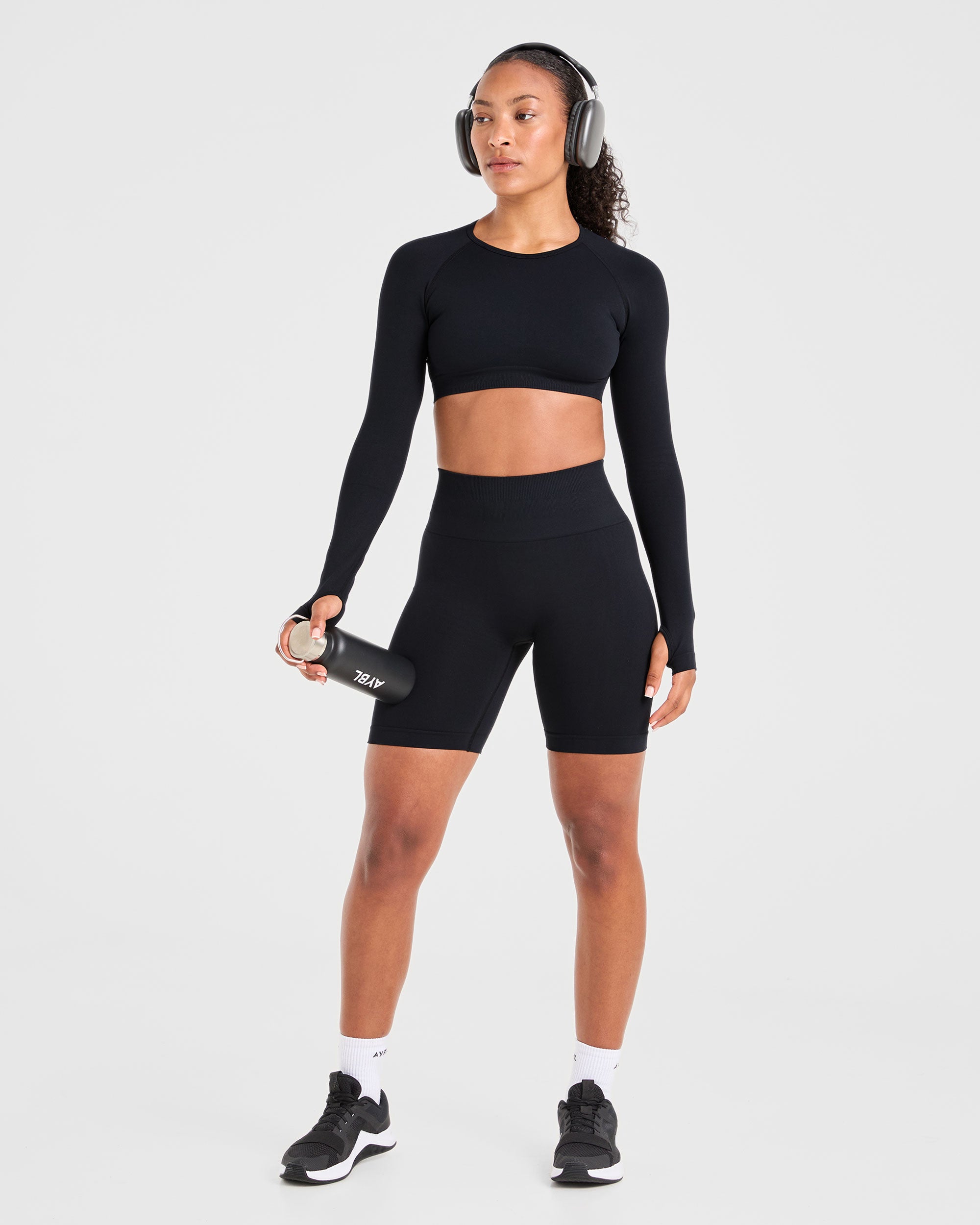 Power Seamless Long Sleeve Crop Top - Black