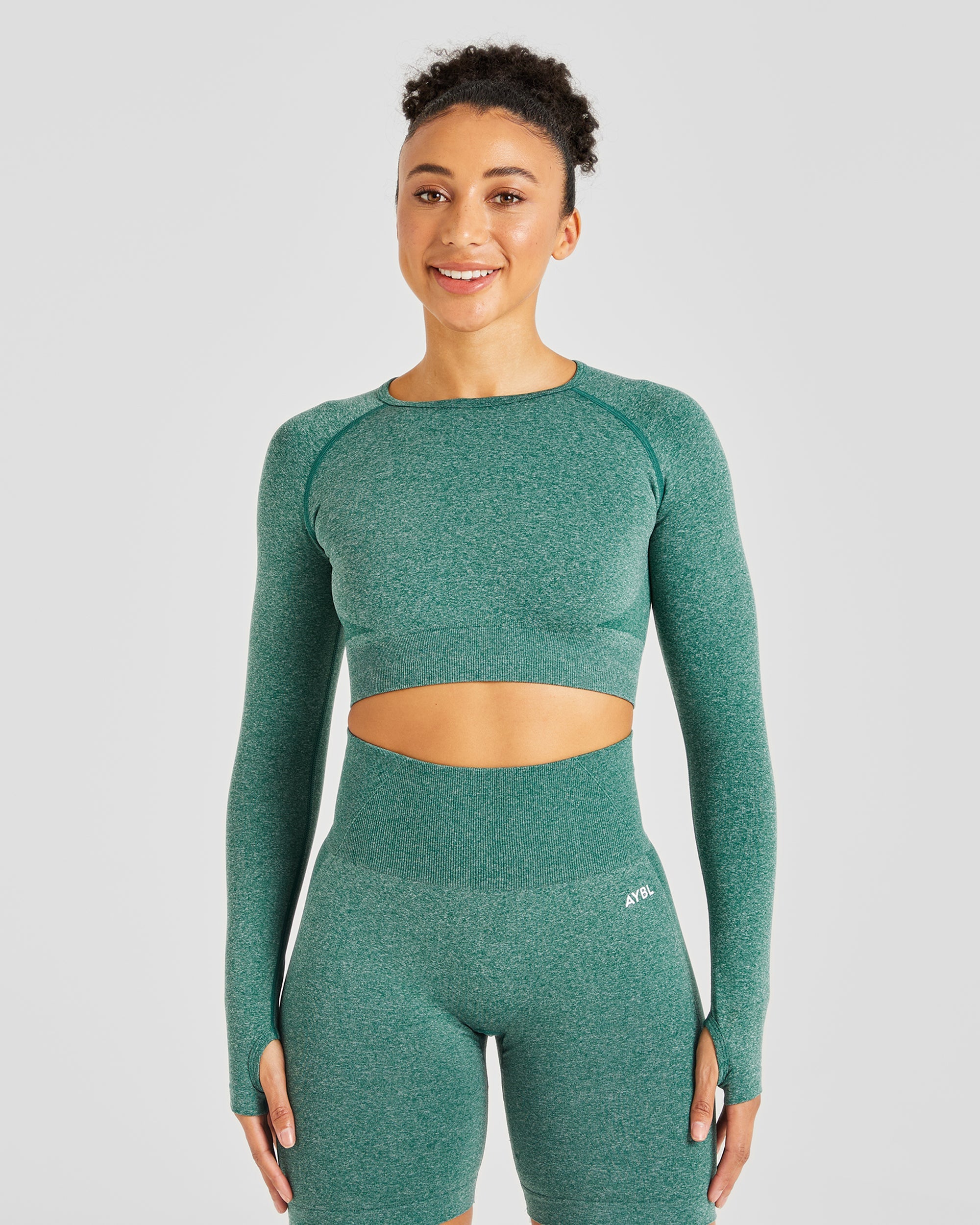 Empower Seamless Long Sleeve Crop Top - Forest Green Marl