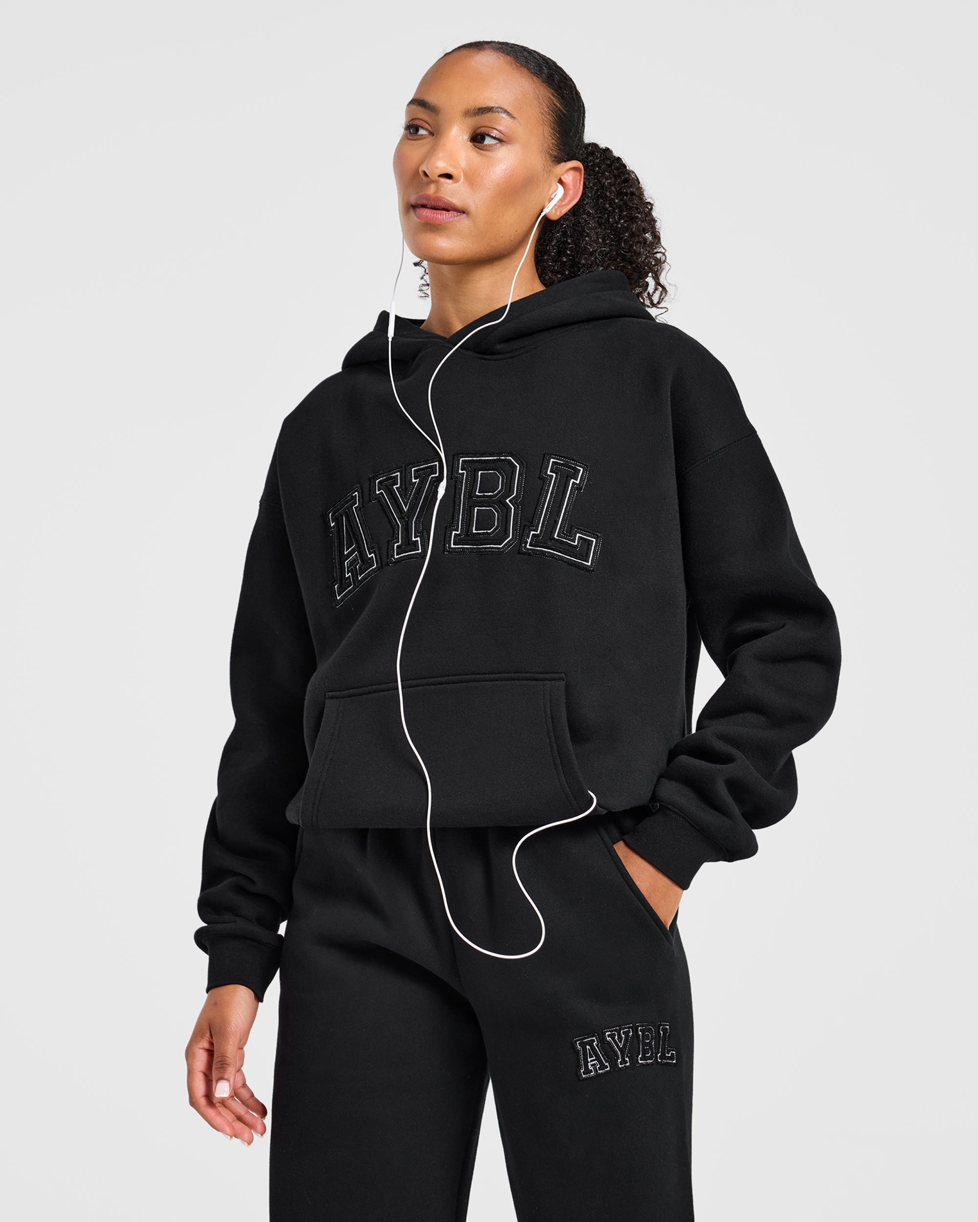 Varsity Applique Oversized Hoodie - Black