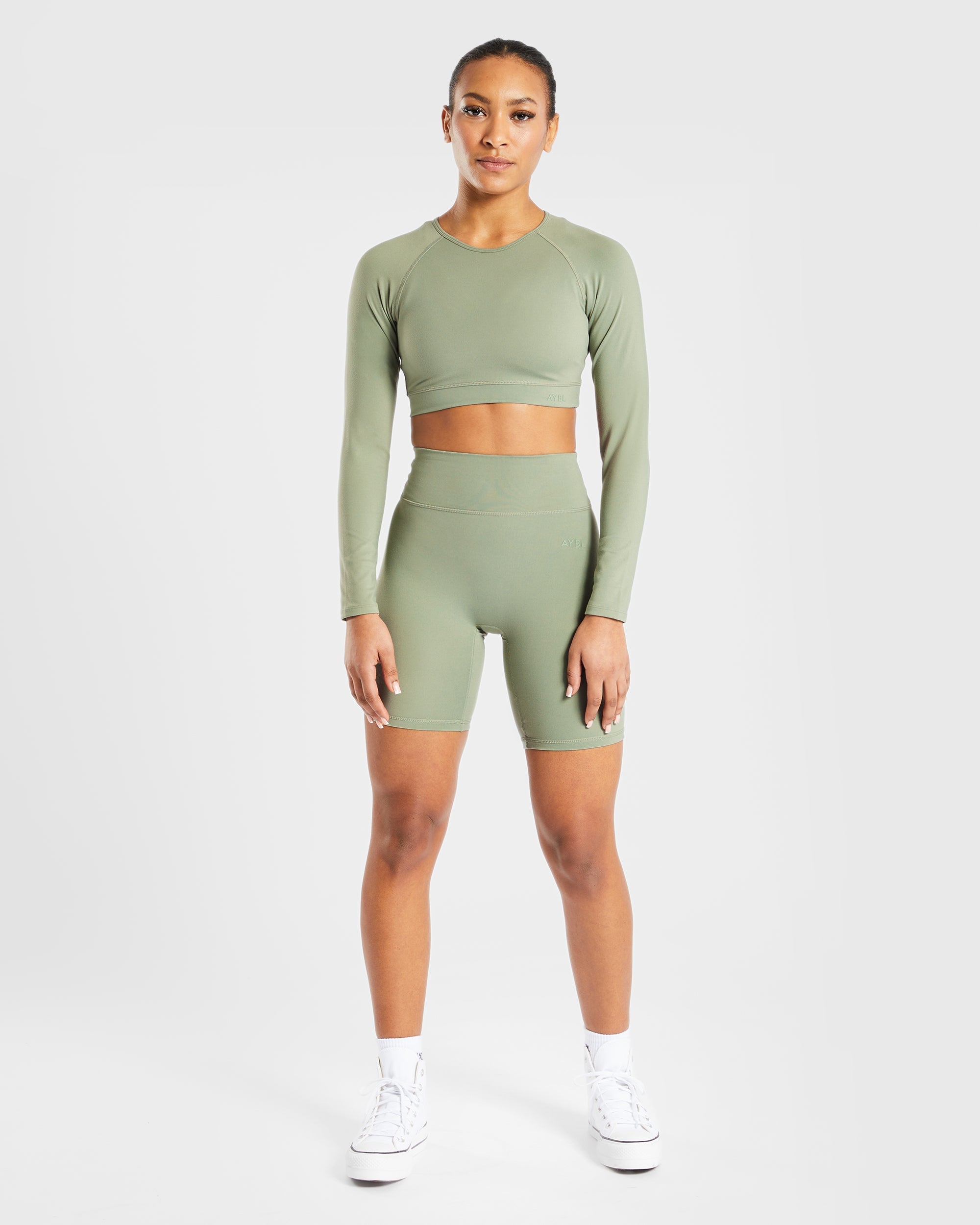 Staple Long Sleeve Crop Top - Olive Green