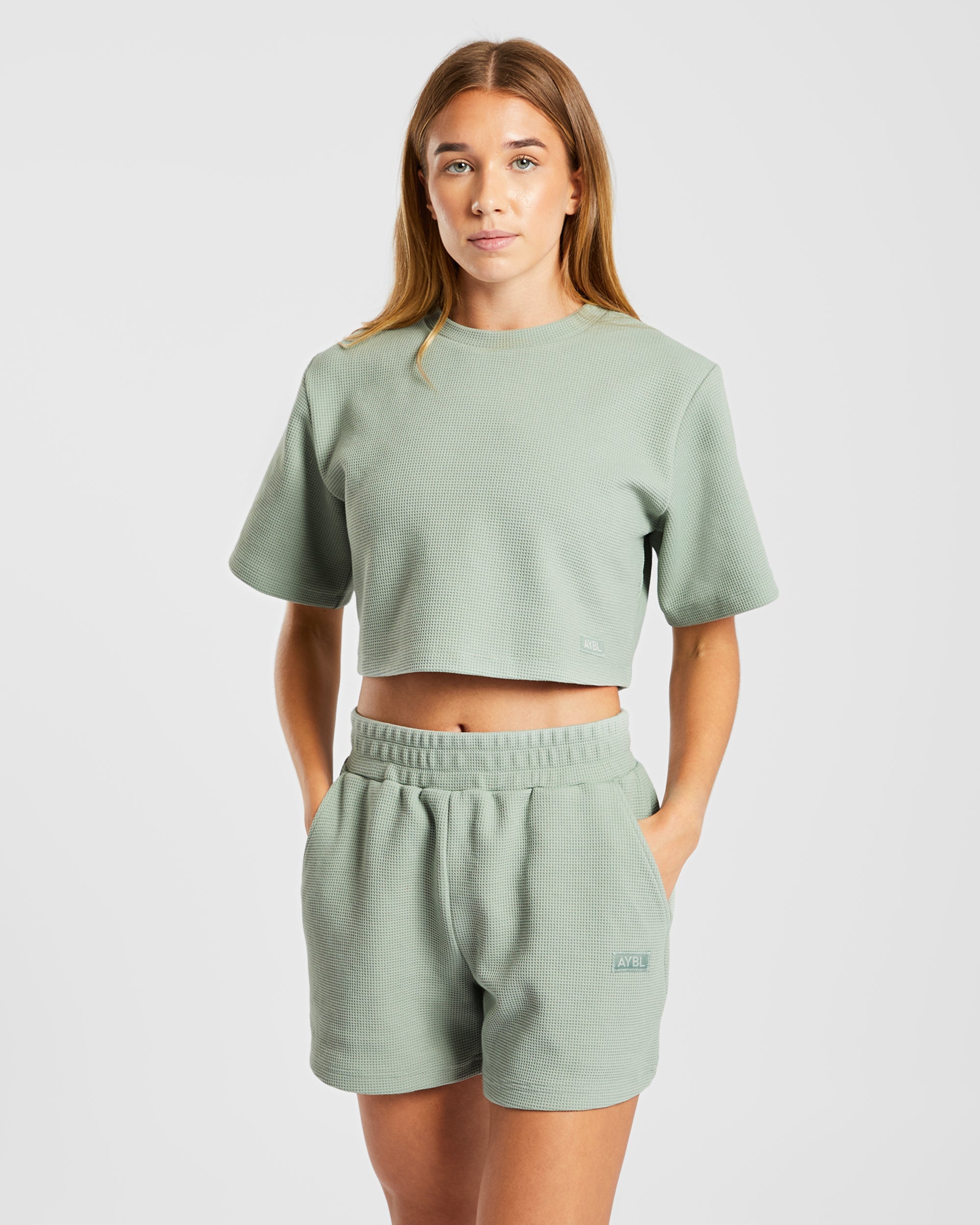 Waffle Boxy Crop Top - Sage Green