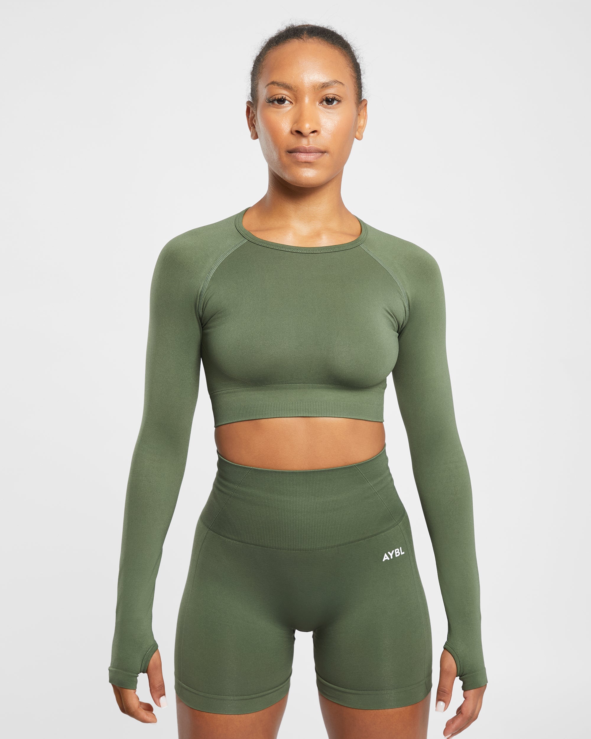 Empower Seamless Long Sleeve Crop Top - Khaki Green