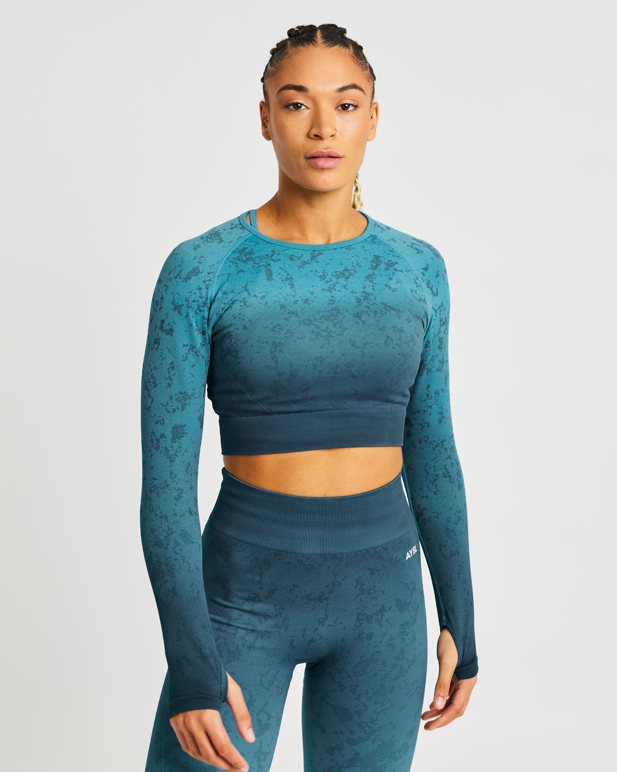 Flare Seamless Long Sleeve Crop Top - Teal